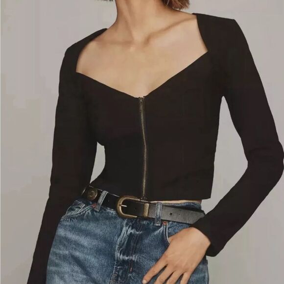 Anthropologie Tops - Anthropologie Maeve NWT Zip-Front Long-Sleeve Top Sz M Black Minimal Chic Modern